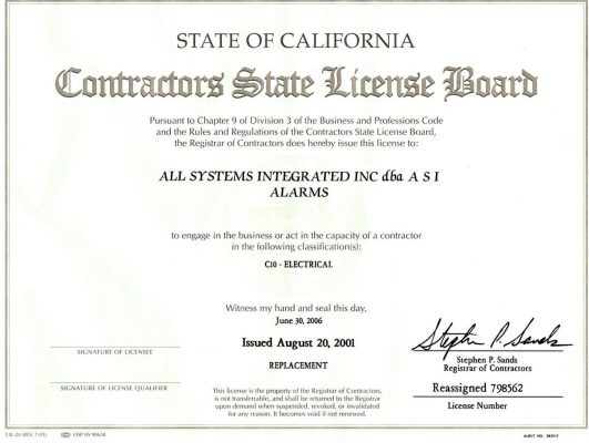 ASIAlarms Contractor License